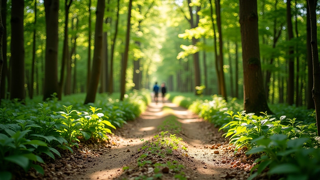 Beginner hiking trail through deciduous forest, clear packed dirt path, hiking boot visible in foreground for scale, dappled sunlight, peaceful forest setting