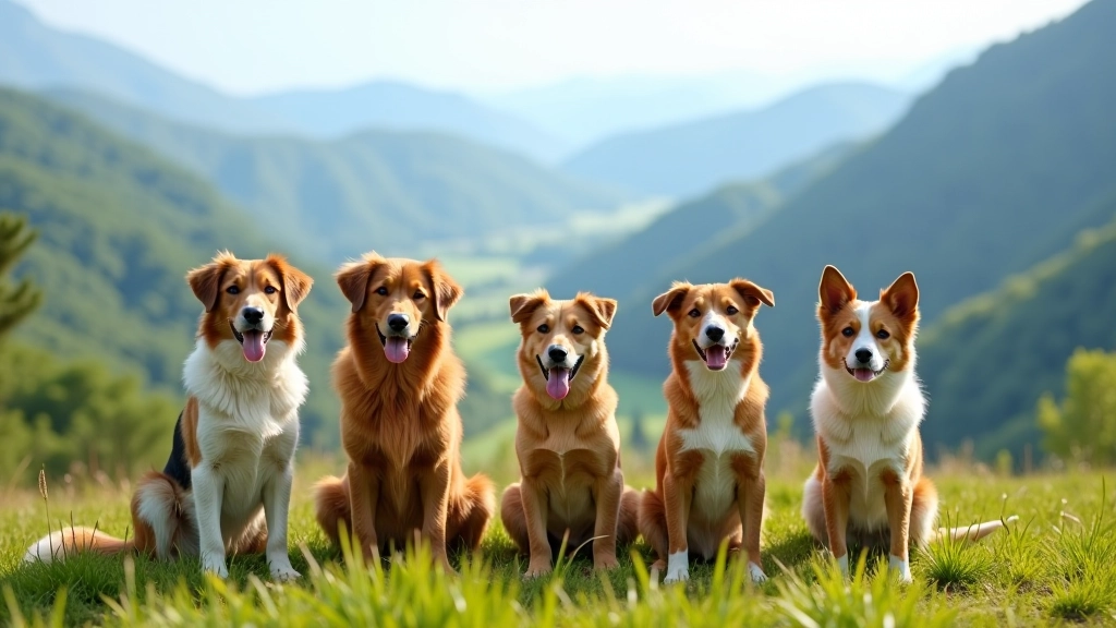 Group of different dog breeds sitting together on a grassy mountain overlook with valley views below, sunny day, natural dog behavior