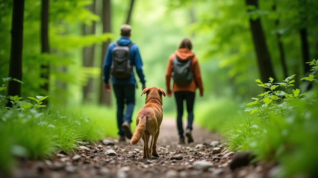 Dog and owner hiking on a forest trail with lush green vegetation on both sides, rocky path visible, natural woodland setting