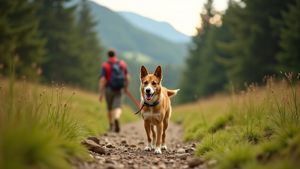 Dog hiking on mountain trail