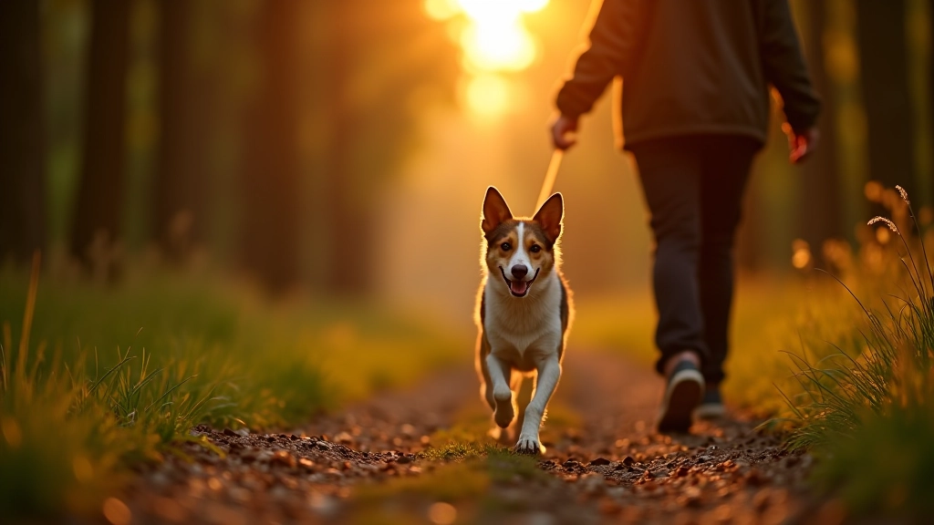 Close-up of a well-behaved dog on a leash walking alongside its owner on a forest trail, morning light filtering through trees, professional photography
