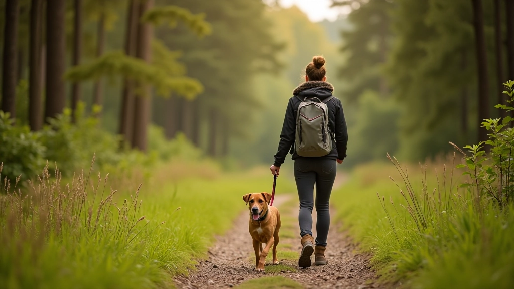 Dog owner with leashed dog walking on a forest trail in Czech nature landscape