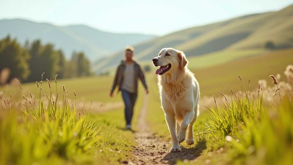 Dog owner with happy dog on scenic Czech countryside trail with rolling hills and green fields in background, sunny weather, both appear joyful and energetic