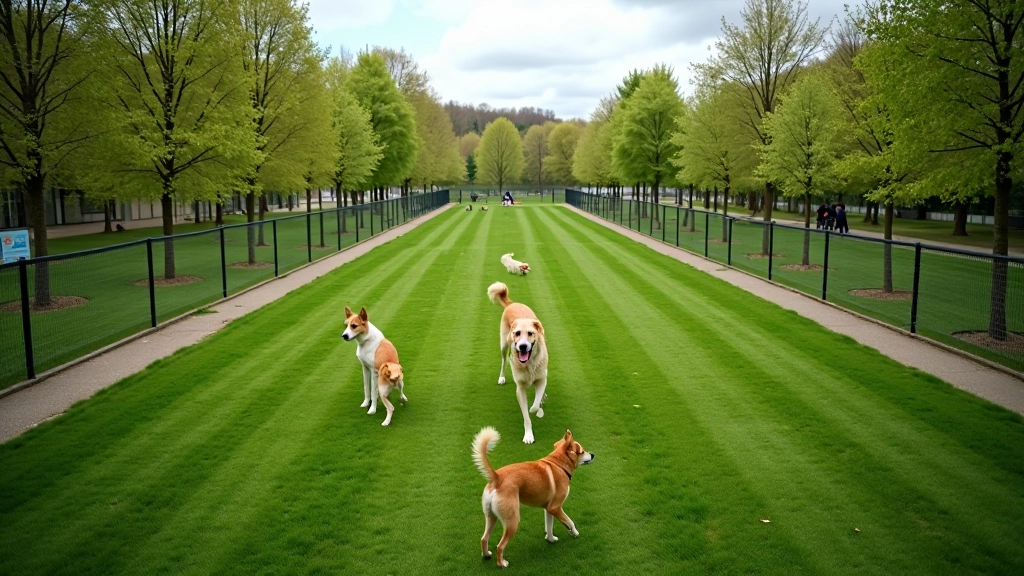 Aerial view of a well-maintained dog park with fencing, walking paths, and open grass areas surrounded by trees