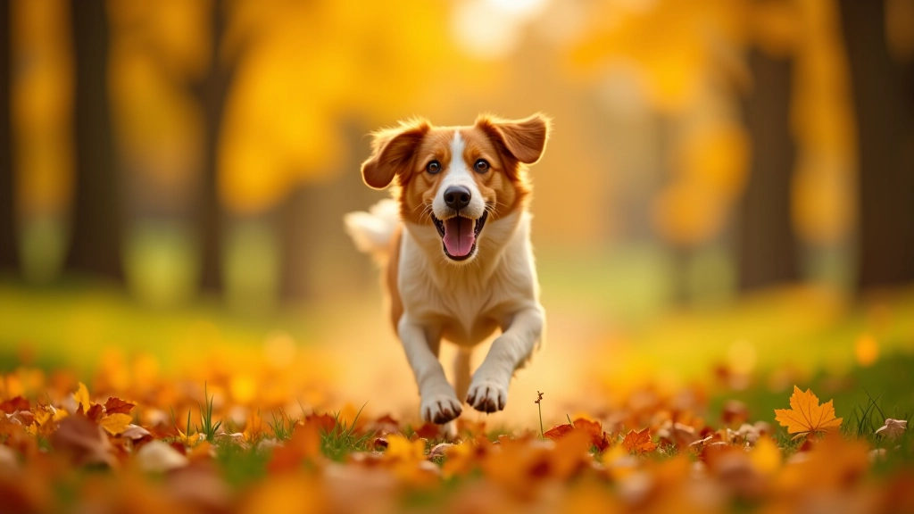 Dog running through autumn leaves in a park, golden light filtering through trees, seasonal landscape
