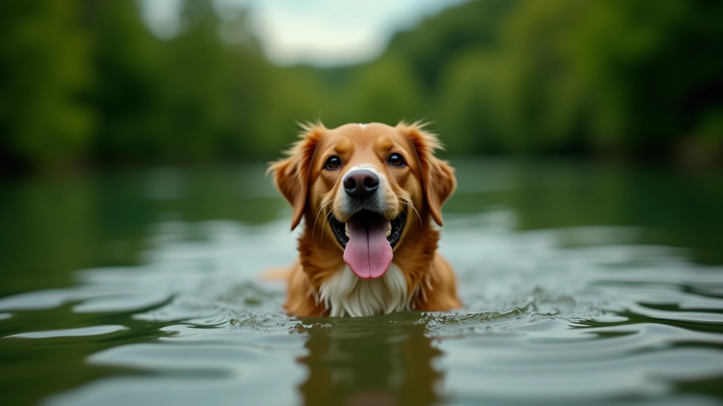 Dog swimming in clear water at a natural pond or lake, dog appears comfortable and playful in water, summer scenery with trees