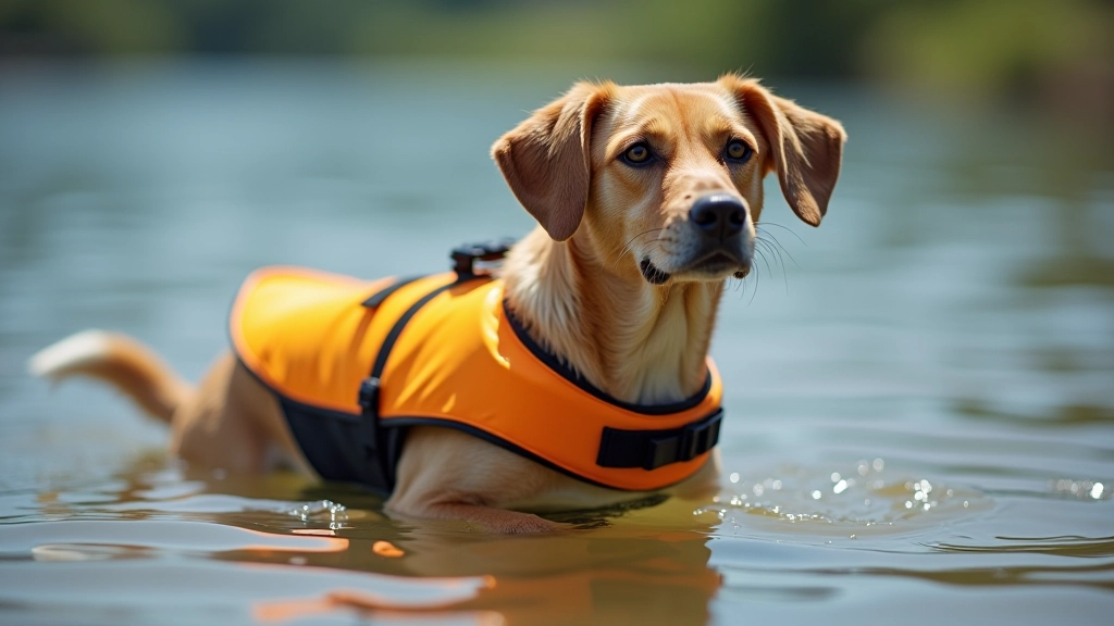 Dog wearing a properly fitted dog life jacket or flotation vest while in shallow water, showing correct safety equipment