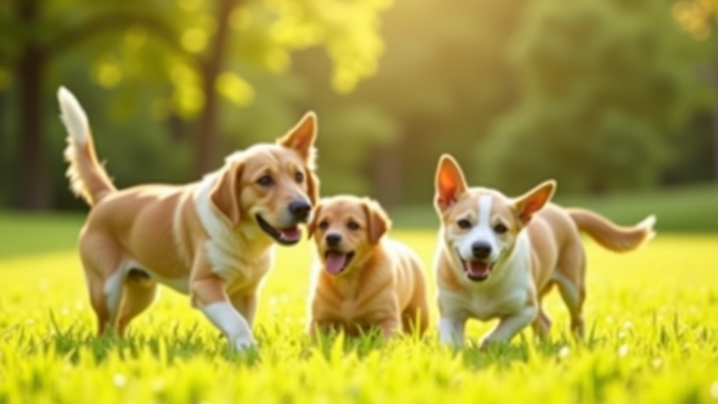 Dogs of different sizes interacting and playing together peacefully in an off-leash park setting