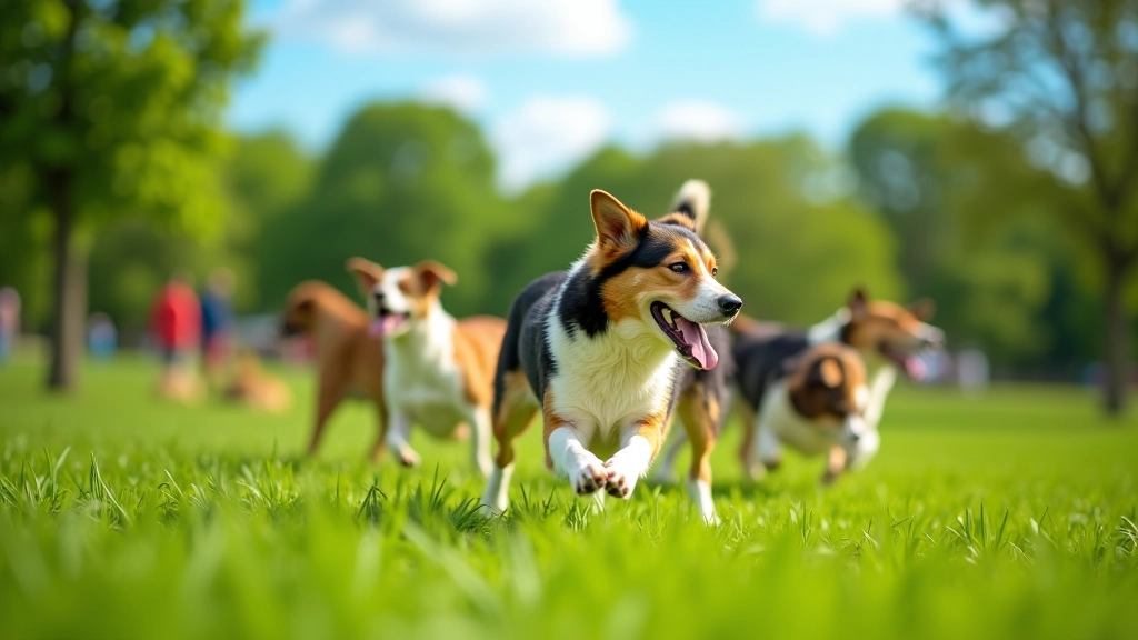 Group of dogs playing together in a fenced off-leash dog park with grass and trees, owners watching nearby