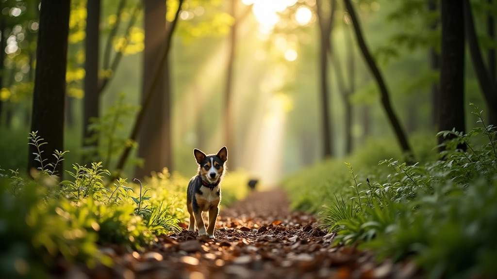 Scenic forest trail with native wildlife visible in distance, deer or forest creatures in natural habitat, peaceful nature setting with vegetation