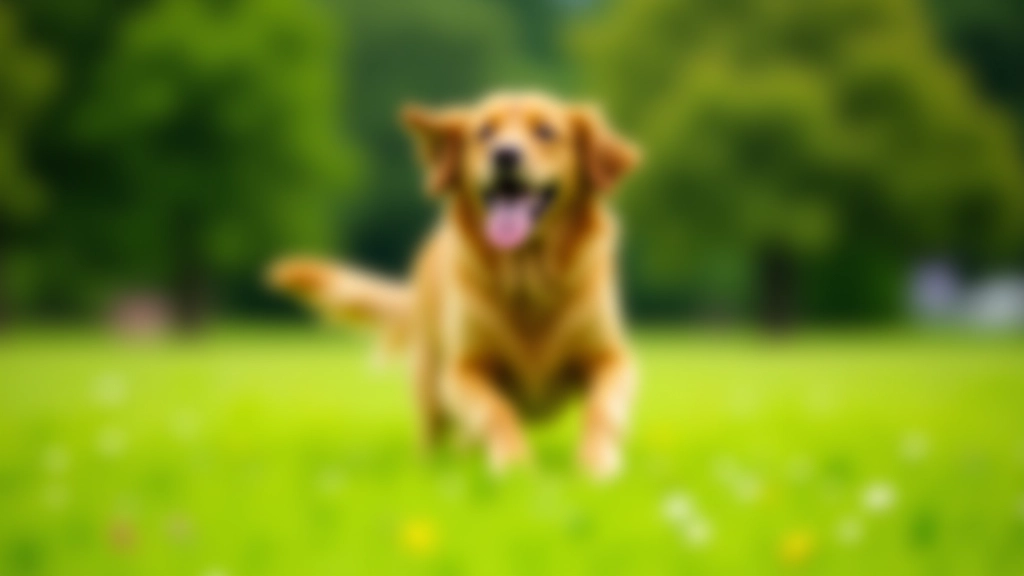 Golden retriever running freely in an open green meadow with trees in the background, sunny day, dog appears happy and energetic