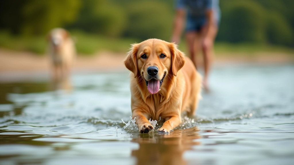 Dog wading slowly into shallow water at a dog-friendly beach or lake, owner nearby supervising, golden hour lighting, calm water