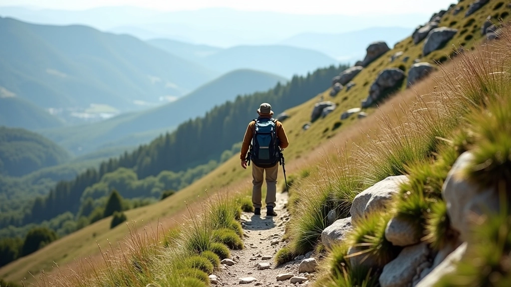 Intermediate hiking trail with rocky sections and elevation changes, hiker with dog ascending hillside, green landscape vista, mid-altitude terrain