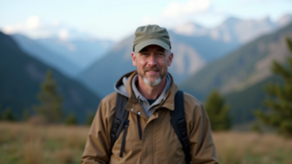 Professional photo of realistic man aged 40, fully clothed in outdoor jacket and cap, portrait from chest up, approachable expression, mountain scenery background, natural daylight, sharp focus, NO text, NO watermarks