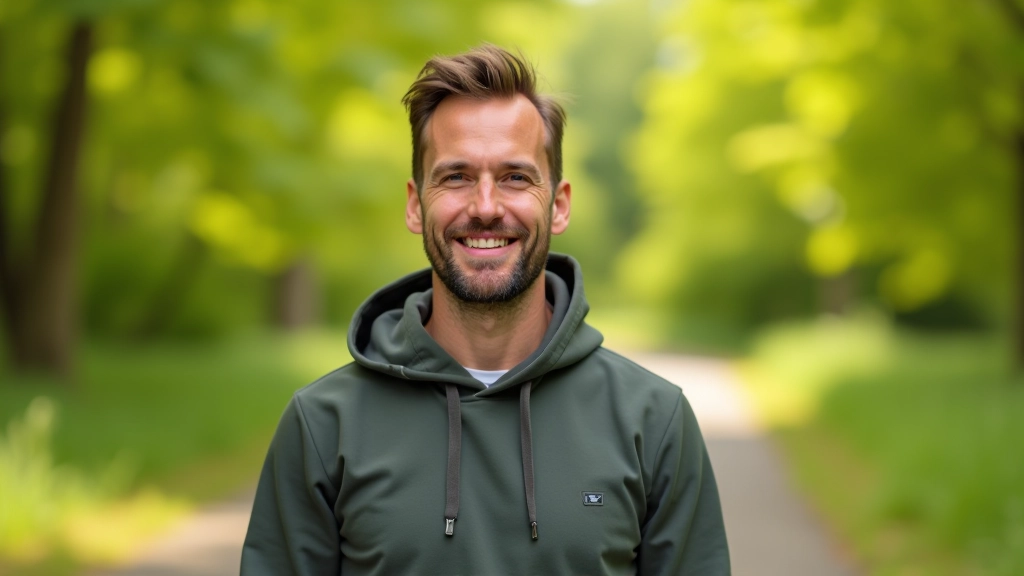 Professional photo of realistic man aged 42, fully clothed in casual outdoor clothing, portrait from chest up, confident smile, natural park setting in background, bright natural lighting, sharp focus, NO text, NO watermarks