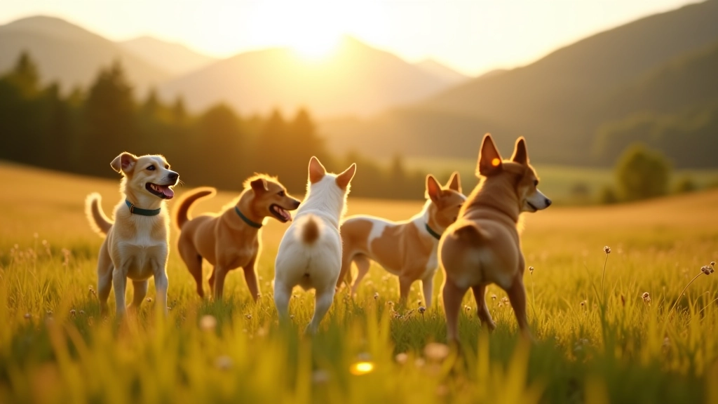 Scenic Czech landscape with multiple dogs playing together in a natural meadow setting with mountains visible in distance, golden hour lighting, vibrant outdoor environment