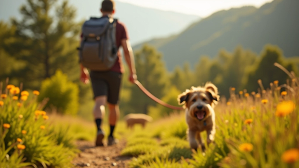 Dog owner and dog exploring outdoor environment with clear skies and green landscape