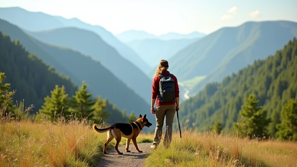Dog and owner on a Czech hiking trail with mountains