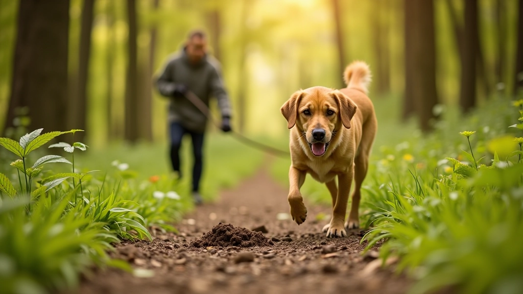Dog owner picking up dog waste with biodegradable bag on hiking trail, green forest background, responsible pet ownership behavior