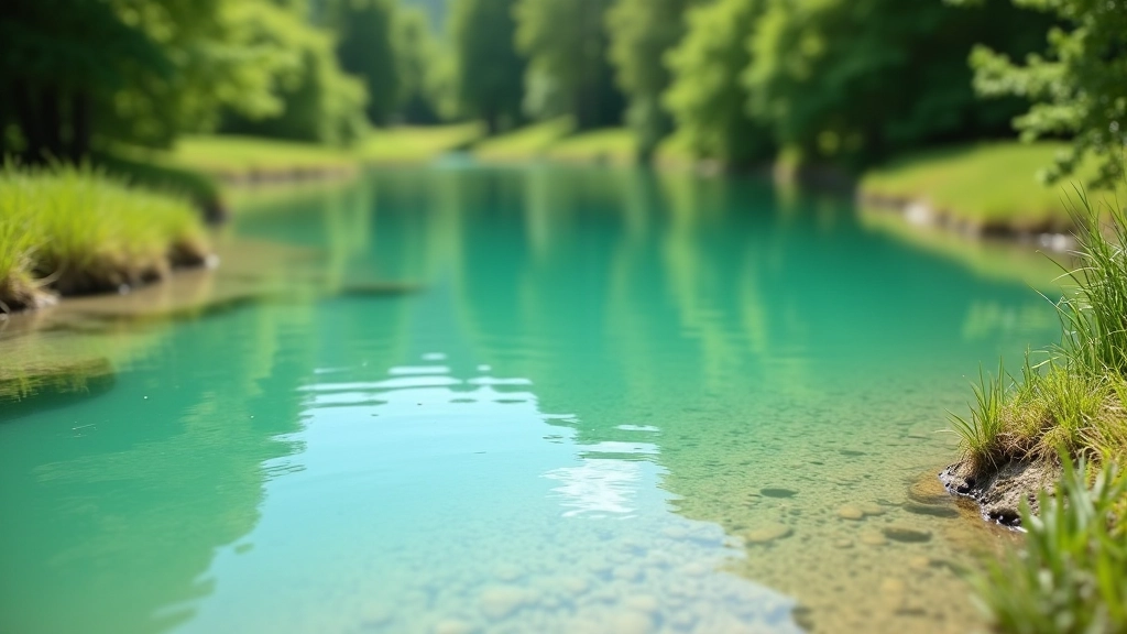 A clear, clean pond or lake with good visibility showing safe water conditions for dogs, surrounded by natural vegetation and trees