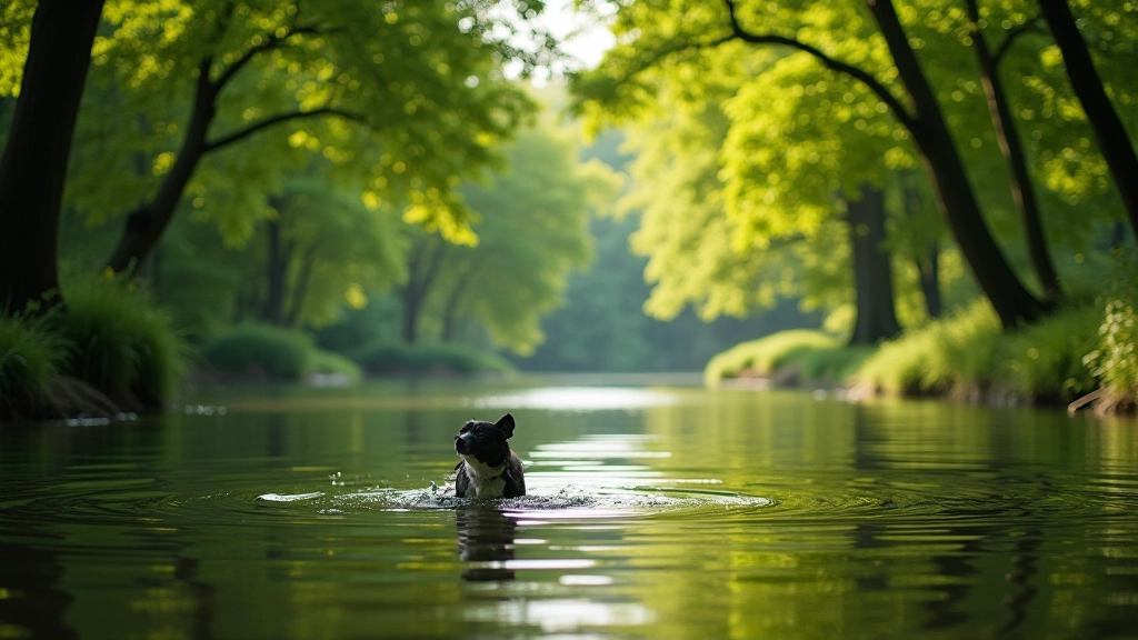 Different water environments for dogs - a calm pond, a flowing river, and a lake, showing various water conditions and their characteristics