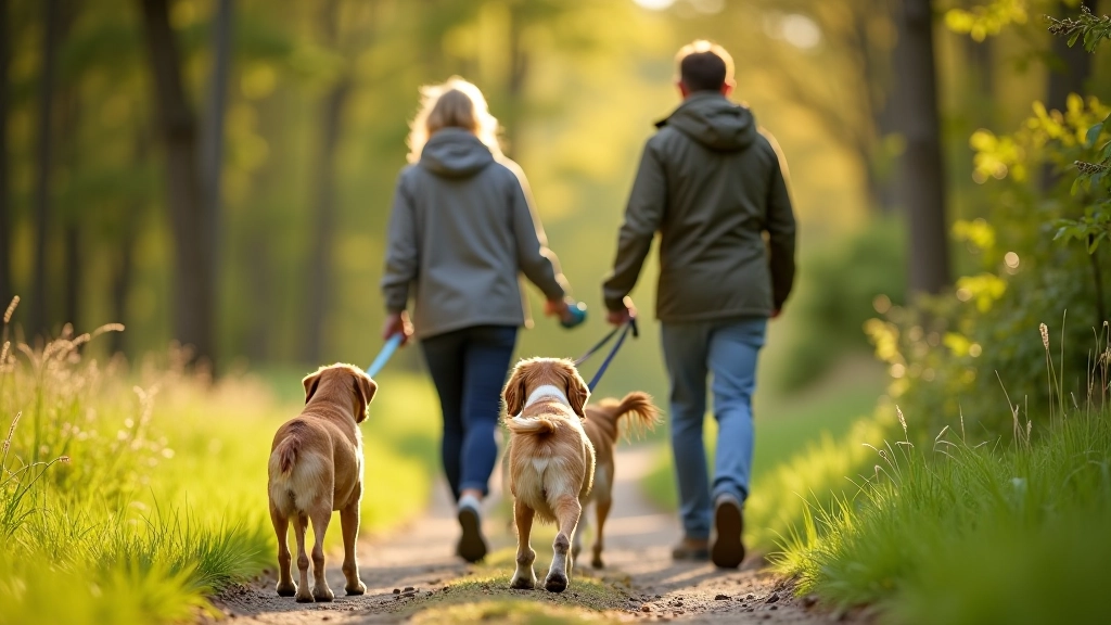 Two dog owners with their dogs on a peaceful nature trail, dogs on leashes, showing responsible pet ownership behavior in outdoor setting