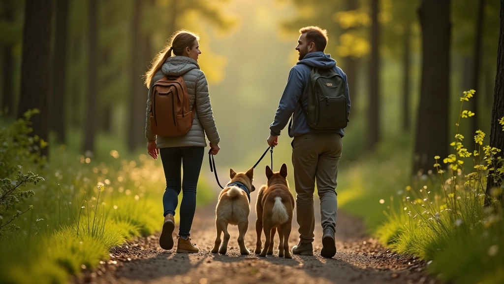 Two hikers meeting on narrow trail with dogs, friendly greeting, responsible pet management and trail courtesy between fellow outdoor enthusiasts