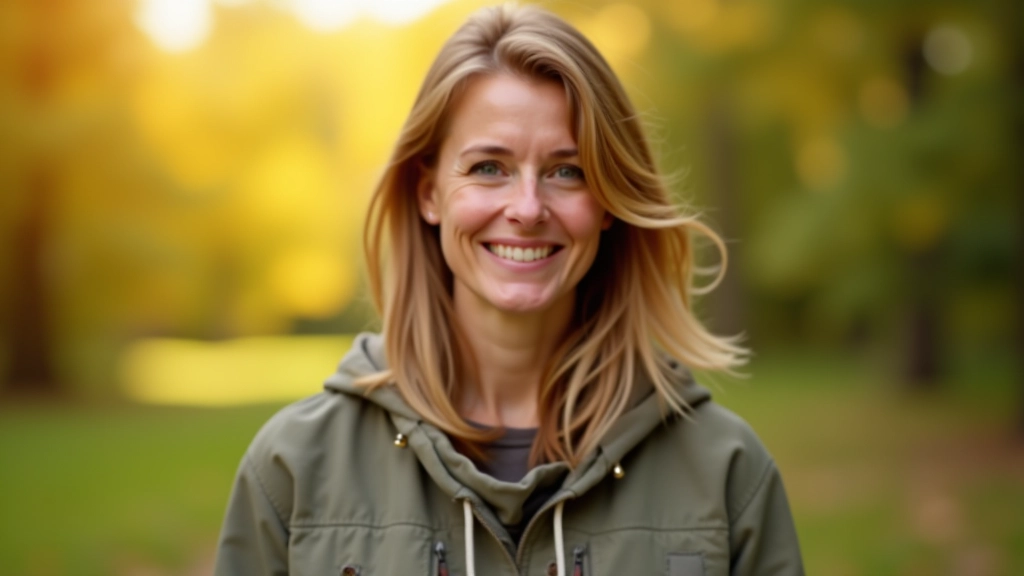 Professional photo of realistic woman aged 35, fully clothed in casual outdoor wear, portrait from chest up, friendly expression, blurred natural background, warm afternoon lighting, sharp focus, NO text, NO watermarks