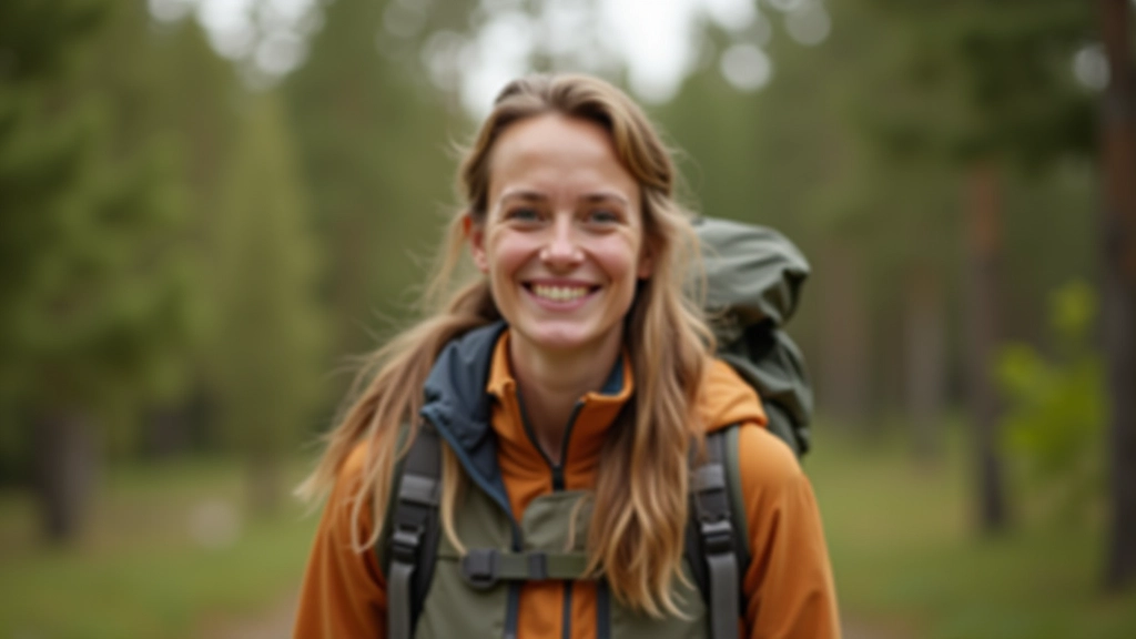 Professional photo of realistic woman aged 38, fully clothed in outdoor hiking gear, portrait from chest up, warm smile, natural outdoor setting with trees in background, natural lighting, sharp focus, NO text, NO watermarks